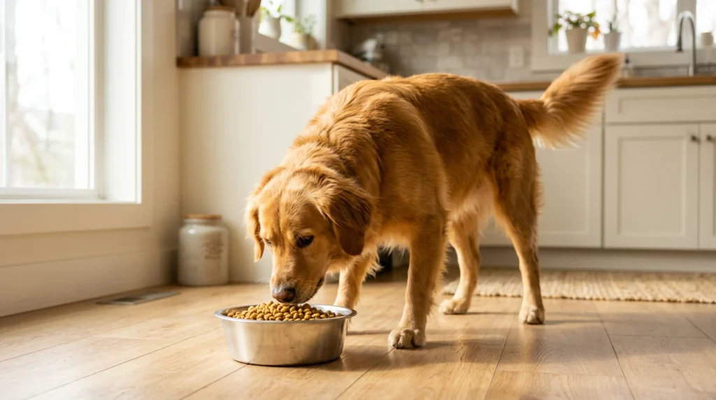 Perro comiendo ración premium en casa, alimentación para perros Uruguay