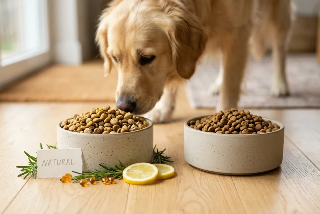 Dos platos de ración para perros comparando conservantes naturales y artificiales