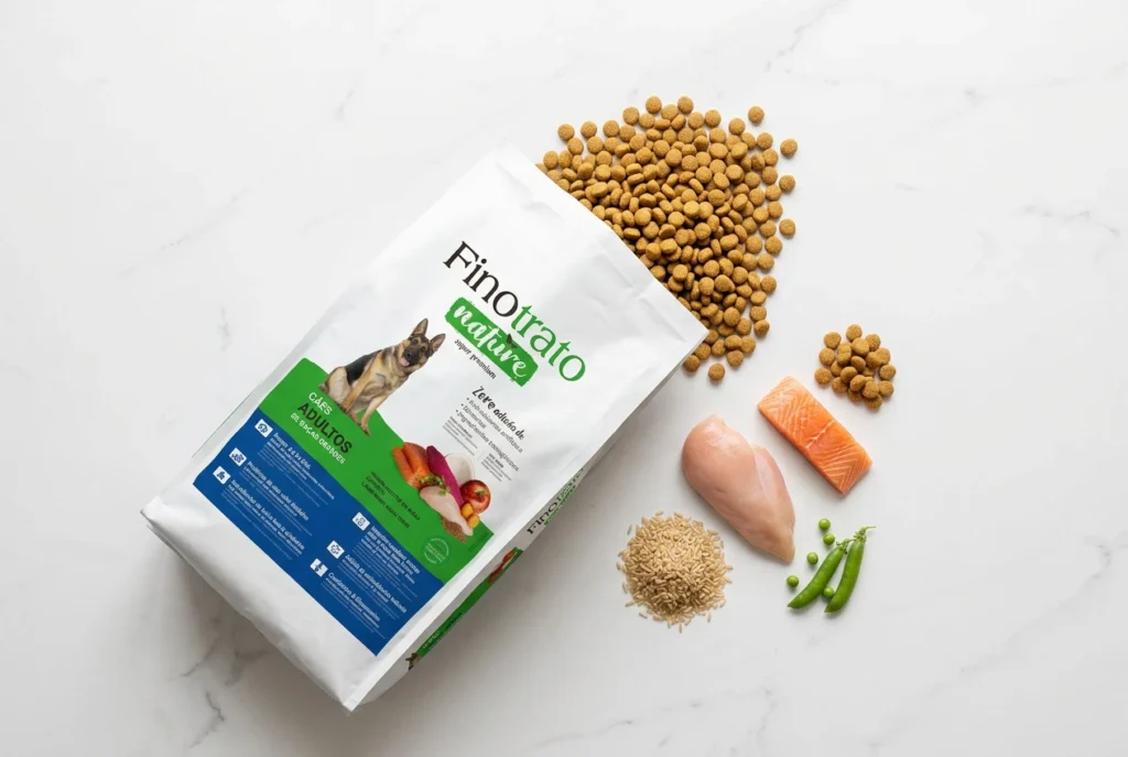 Ingredientes naturales de una ración premium para perros: pollo, salmón y arroz integral