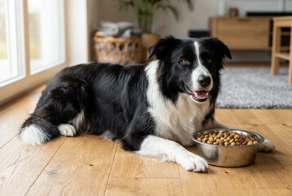 Perro saludable con pelo brillante alimentado con ración sin conservantes artificiales