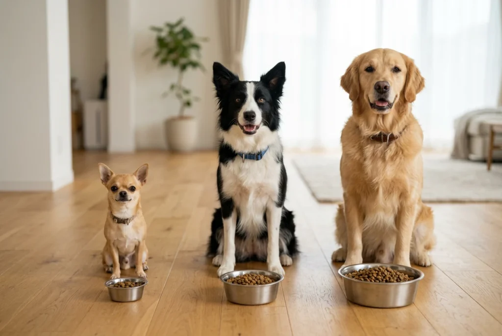 Tres perros de distintos tamaños con porciones de ración diferentes según su peso
